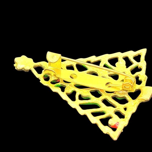 Vintage Gold-Tone Enamel Open-work Christmas Tree Brooch Red & Green Accents - Picture 5 of 5